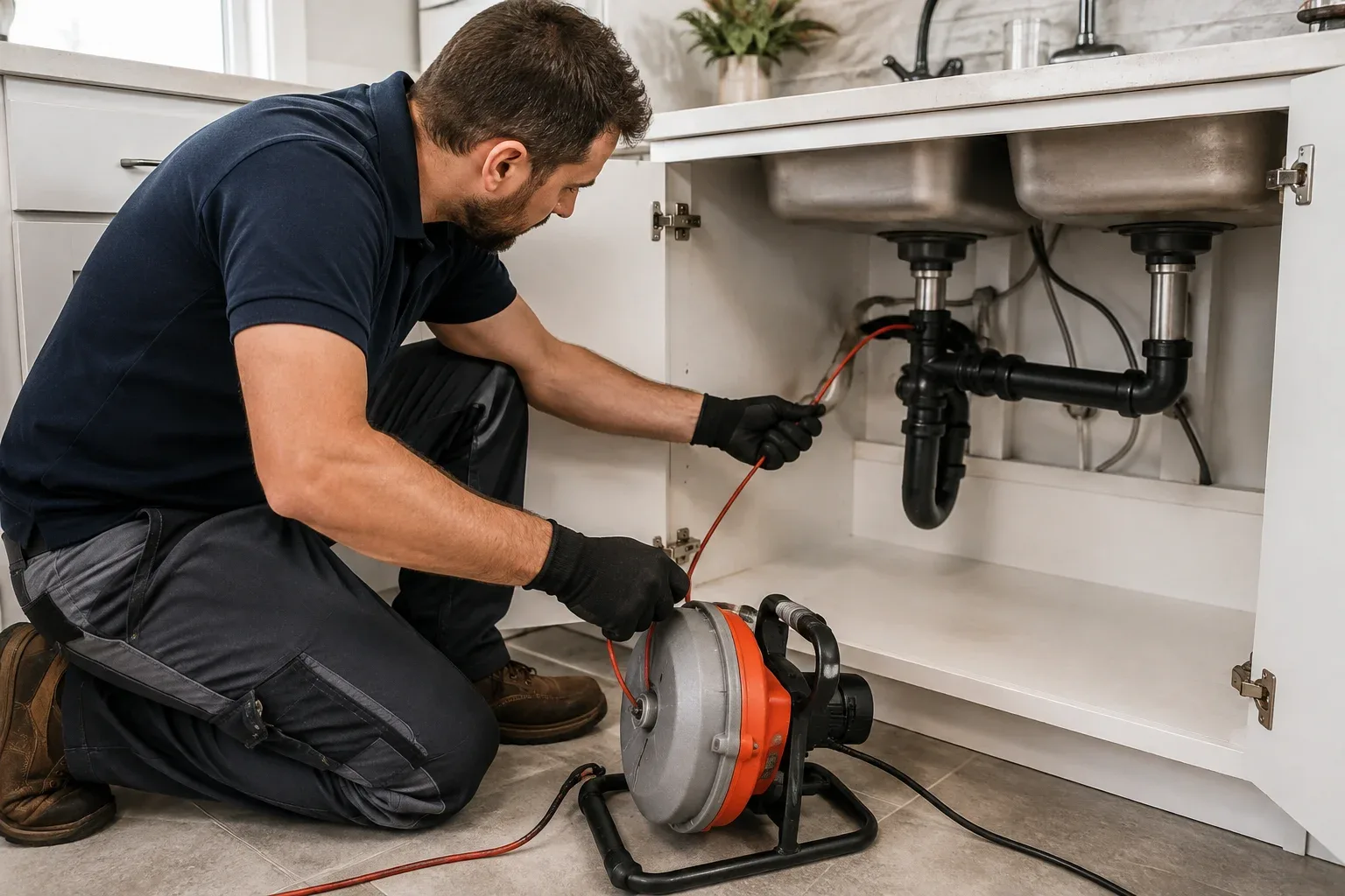 Plombier effectuant un débouchage de drain dans une maison