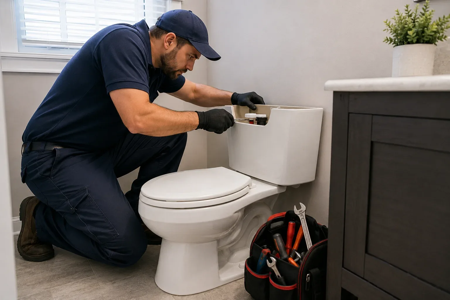 Plombier réparant une toilette dans une salle de bain